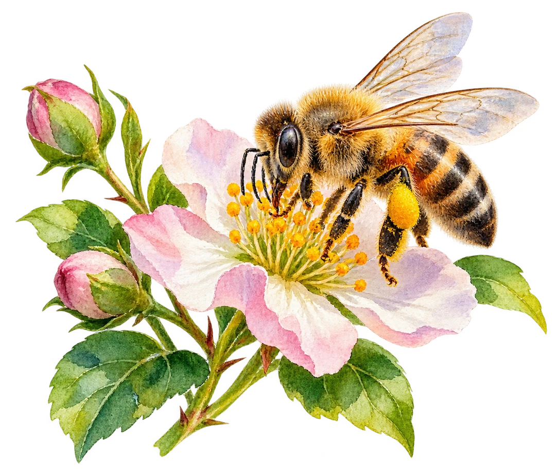 Ape posata su un fiore, illustrazione ad acquerello