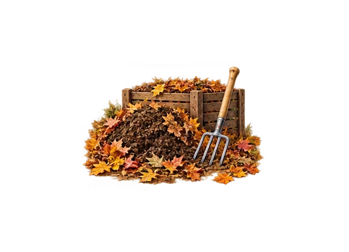 Foglie, compost e forca per la protezione del terreno a novembre.